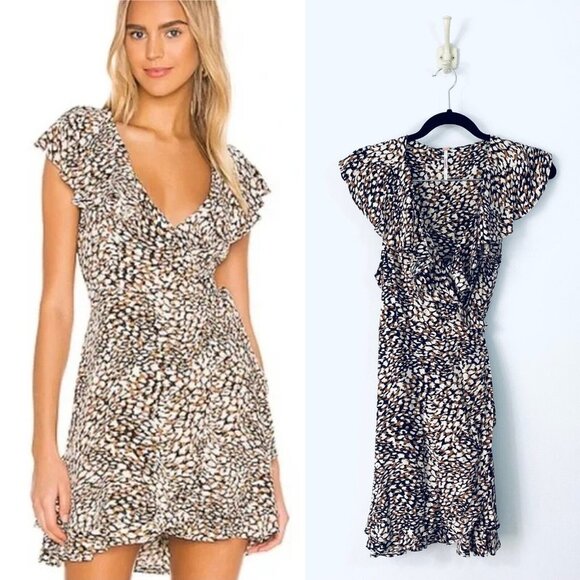 Free People French Quarter Mini Wrap Dress Jet Combo Leopard Print Black Small - Picture 1 of 11